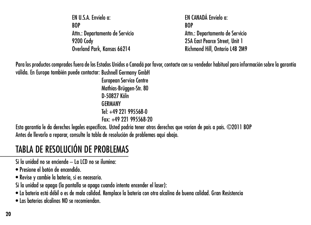 Simmons Optics LRF 600 manual Tabla DE Resolución DE Problemas, EN U.S.A. Envíelo a, Attn. Departamento de Servicio 