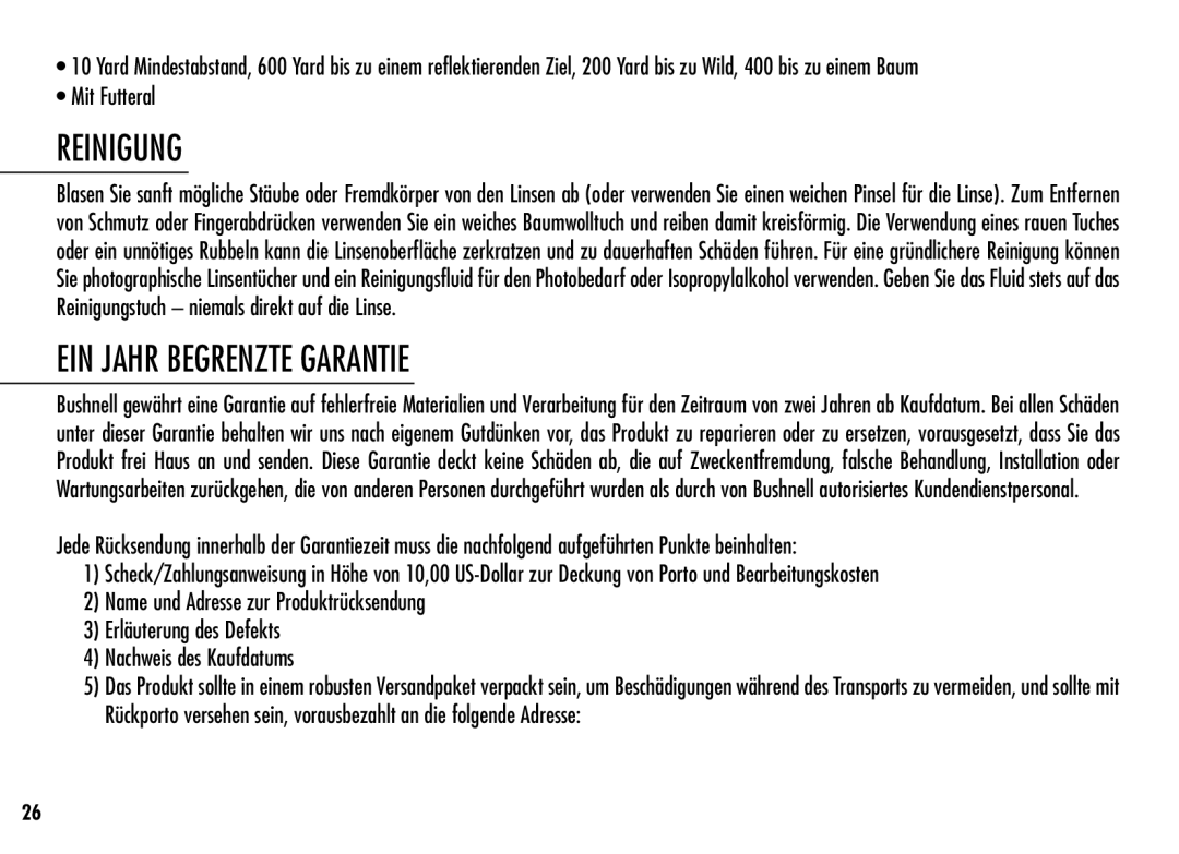 Simmons Optics LRF 600 manual Reinigung, EIN Jahr Begrenzte Garantie, Mit Futteral 