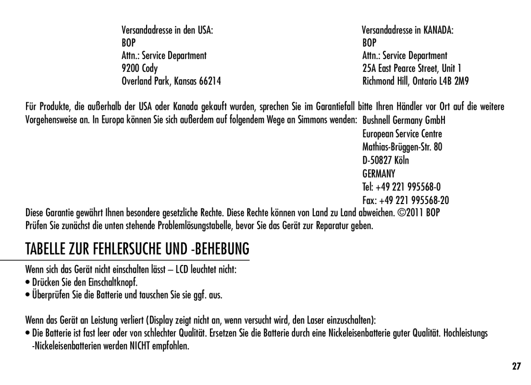 Simmons Optics LRF 600 manual Tabelle ZUR Fehlersuche UND -BEHEBUNG, Versandadresse in den USA 