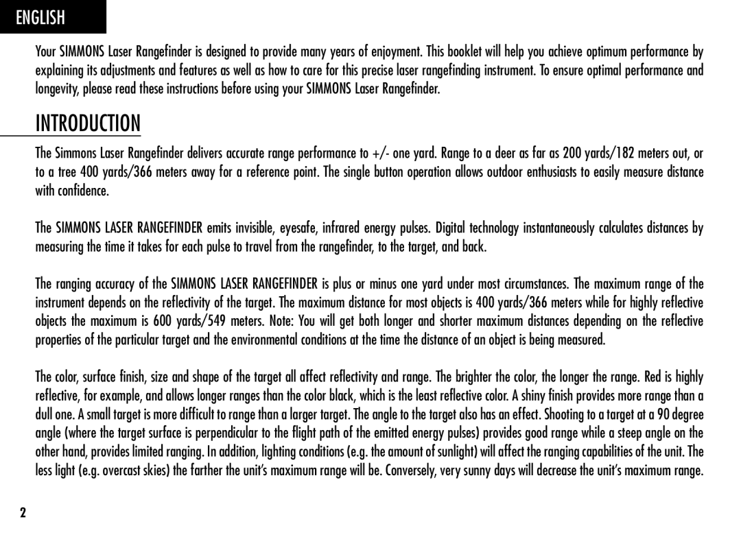 Simmons Optics LRF 600 manual Introduction, English 