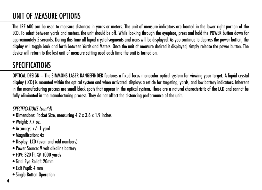 Simmons Optics LRF 600 manual Unit of Measure Options, Specifications 