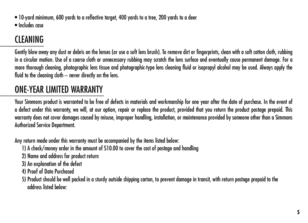Simmons Optics LRF 600 manual Cleaning, ONE-YEAR Limited Warranty 