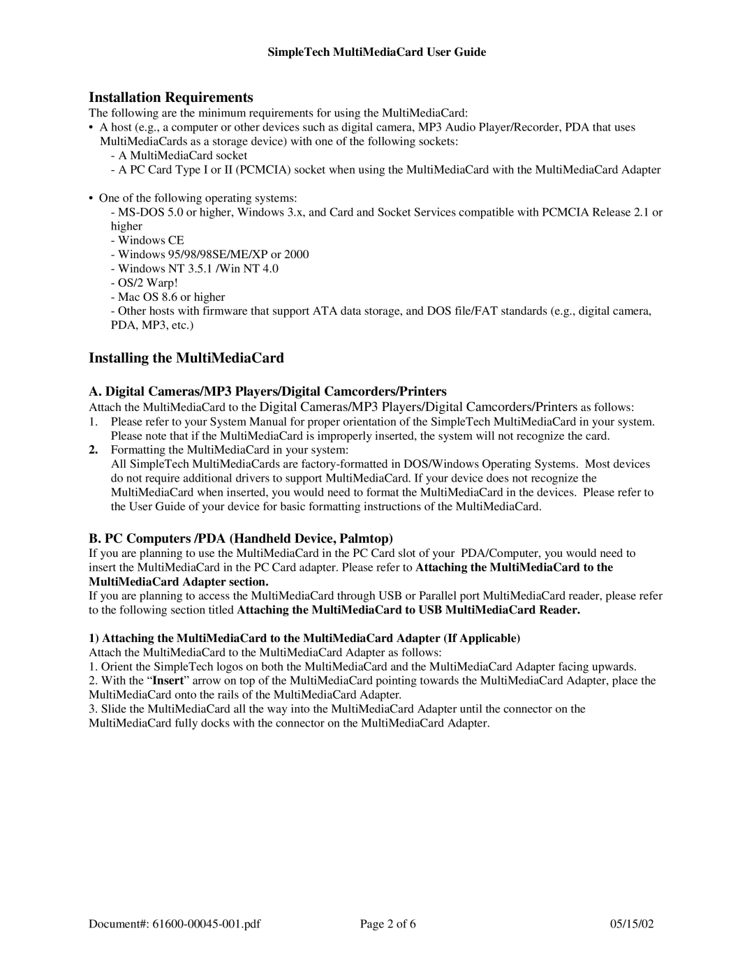 SimpleTech Digital Camera Memory Card specifications SimpleTech MultiMediaCard User Guide, MultiMediaCard Adapter section 