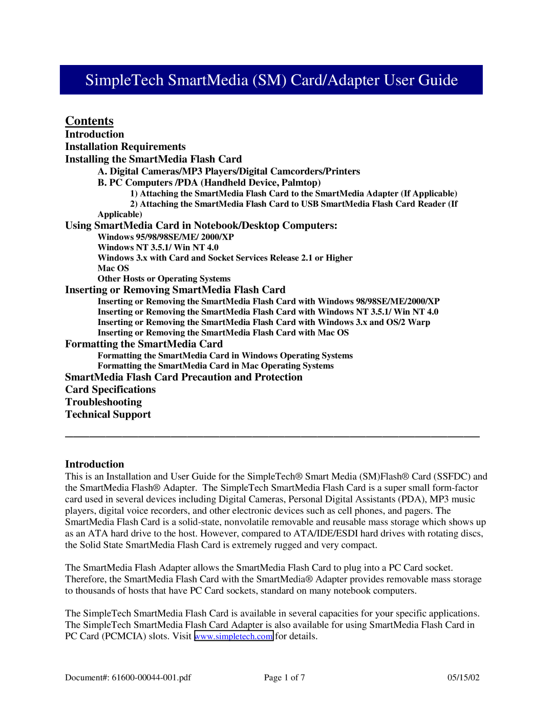 SimpleTech SmartMedia (SM) Card/Adapter specifications SimpleTech SmartMedia SM Card/Adapter User Guide, Contents 