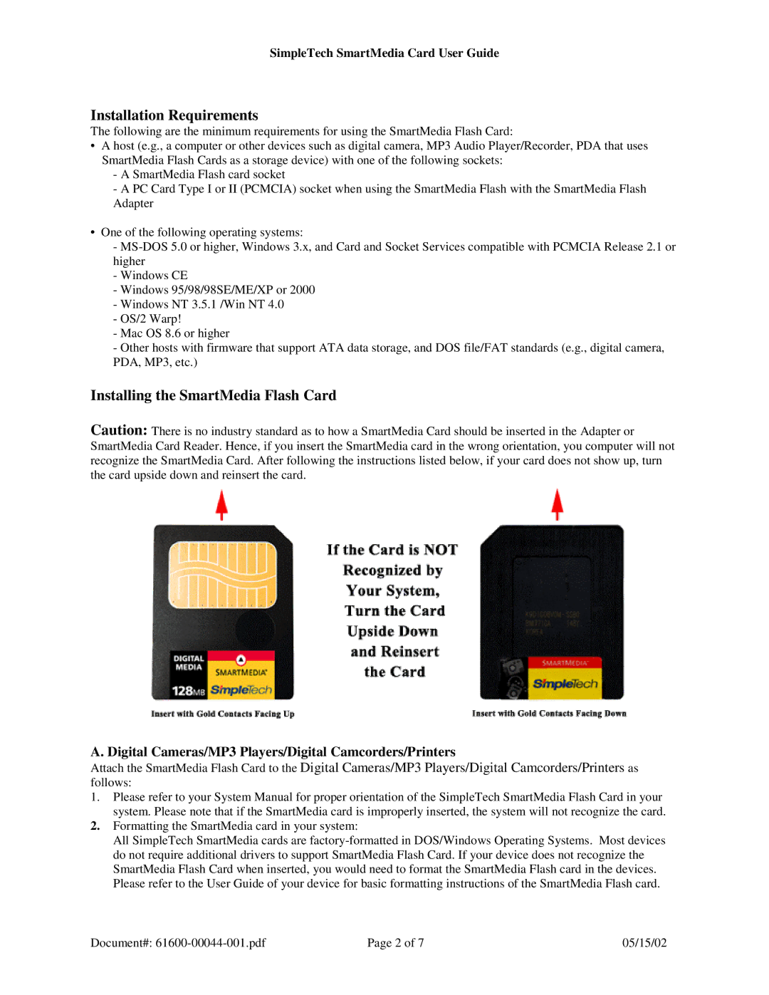 SimpleTech SmartMedia (SM) Card/Adapter specifications Digital Cameras/MP3 Players/Digital Camcorders/Printers 