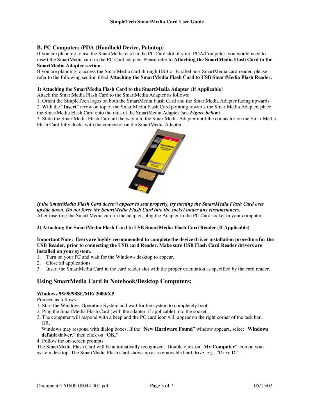 SimpleTech SmartMedia (SM) Card/Adapter specifications SmartMedia Adapter section, Windows 95/98/98SE/ME/ 2000/XP 