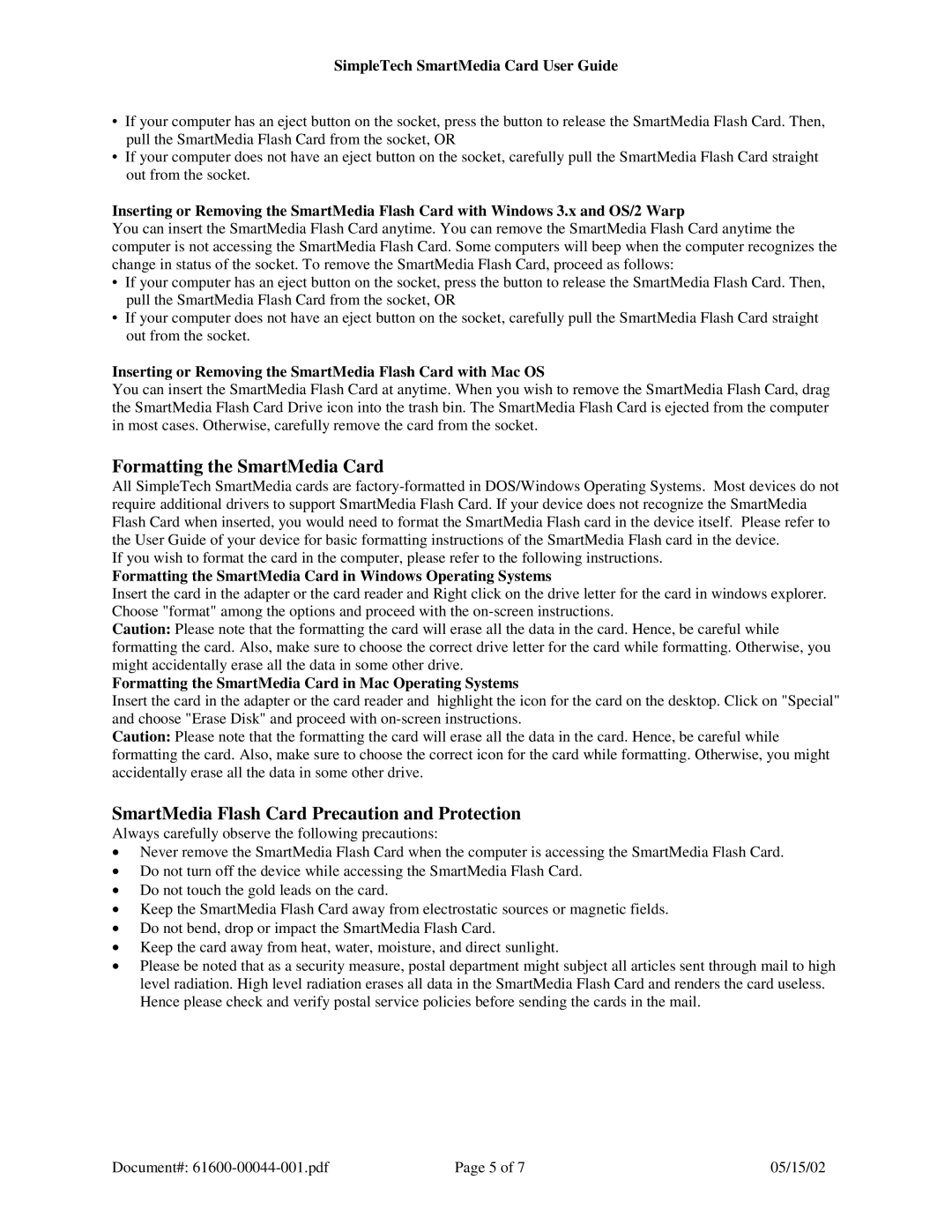 SimpleTech SmartMedia (SM) Card/Adapter specifications SmartMedia Flash Card Precaution and Protection 