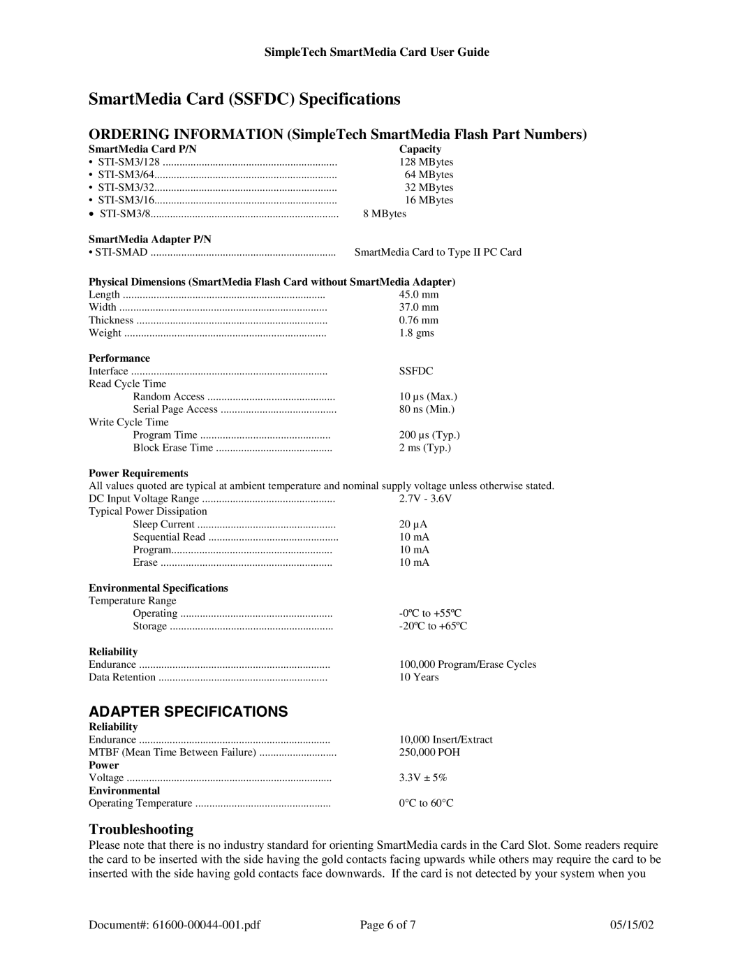 SimpleTech SmartMedia (SM) Card/Adapter specifications SmartMedia Card Ssfdc Specifications, Performance 