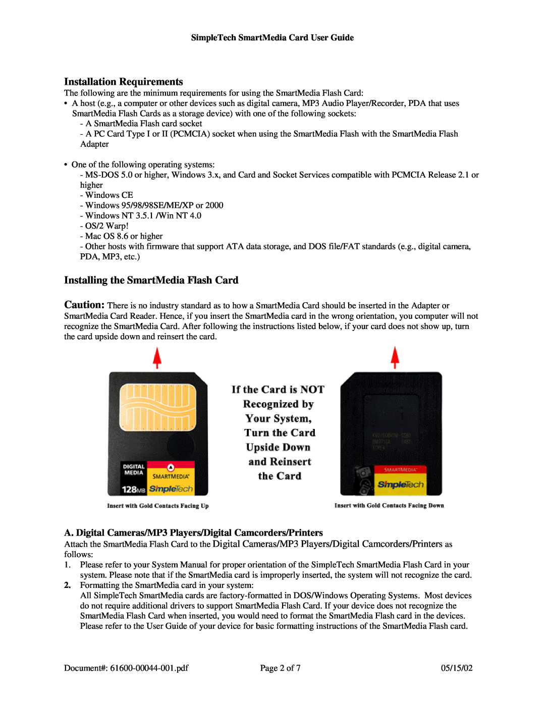 SimpleTech SmartMedia (SM) Card/Adapter specifications Installation Requirements, Installing the SmartMedia Flash Card 