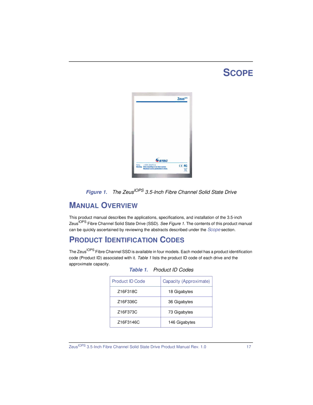 SimpleTech ZeusIOPS manual Scope, Product ID Codes, Product ID Code Capacity Approximate 