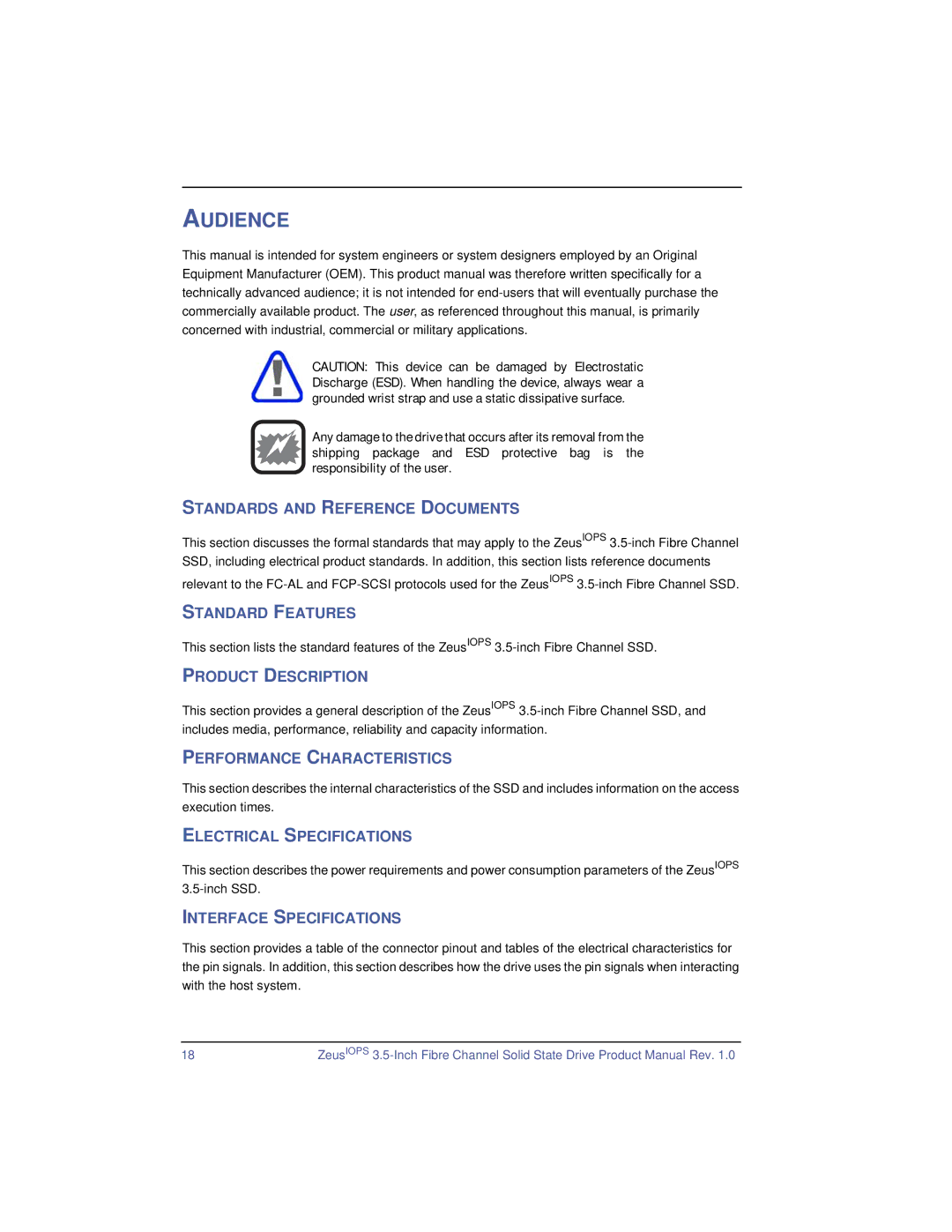 SimpleTech ZeusIOPS Standards and Reference Documents, Standard Features, Product Description, Performance Characteristics 