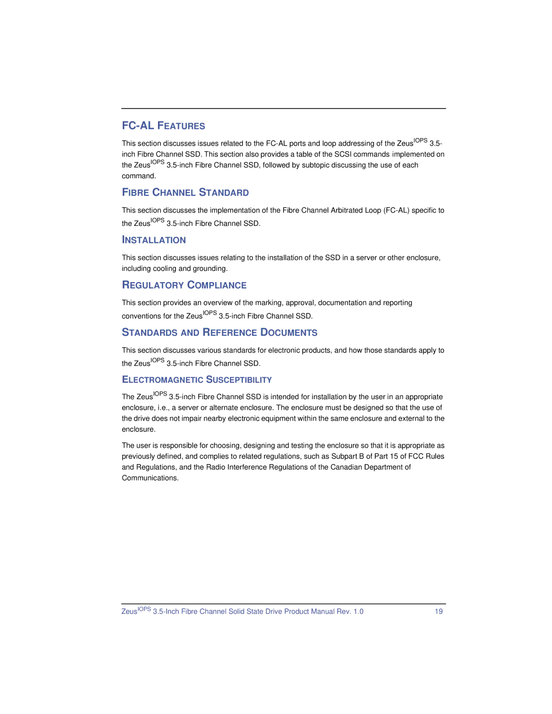 SimpleTech ZeusIOPS manual Fibre Channel Standard, Installation, Regulatory Compliance 