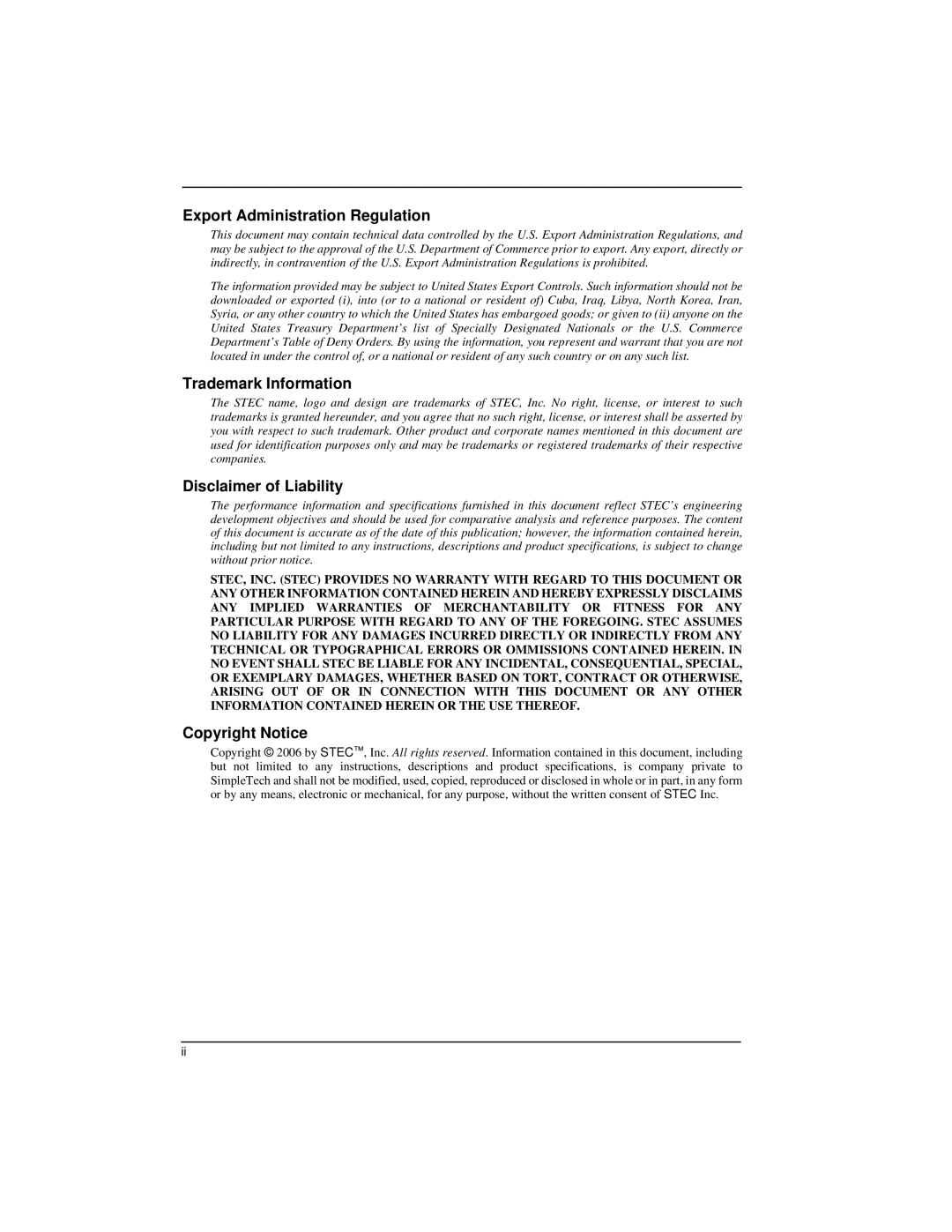 SimpleTech ZeusIOPS manual Export Administration Regulation 