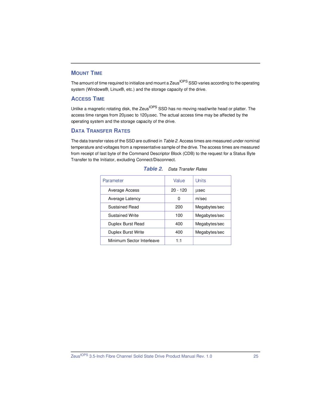 SimpleTech ZeusIOPS manual Data Transfer Rates, Parameter Value Units 