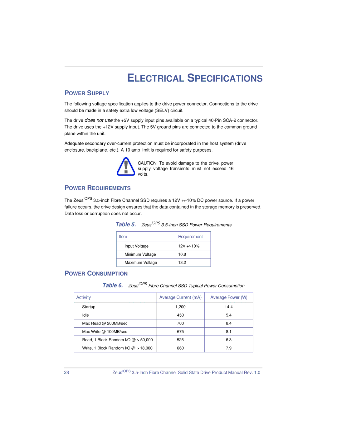 SimpleTech ZeusIOPS manual Electrical Specifications, Power Supply, Power Requirements, Power Consumption 