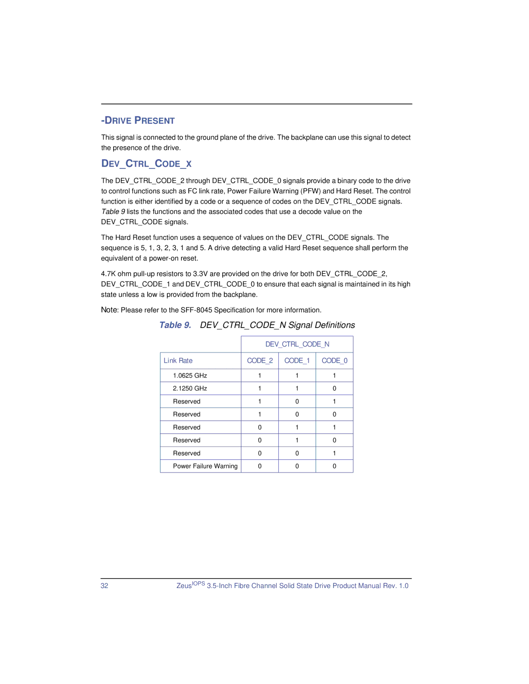 SimpleTech ZeusIOPS manual Drive Present, Devctrlcodex, Devctrlcoden Signal Definitions, Link Rate 