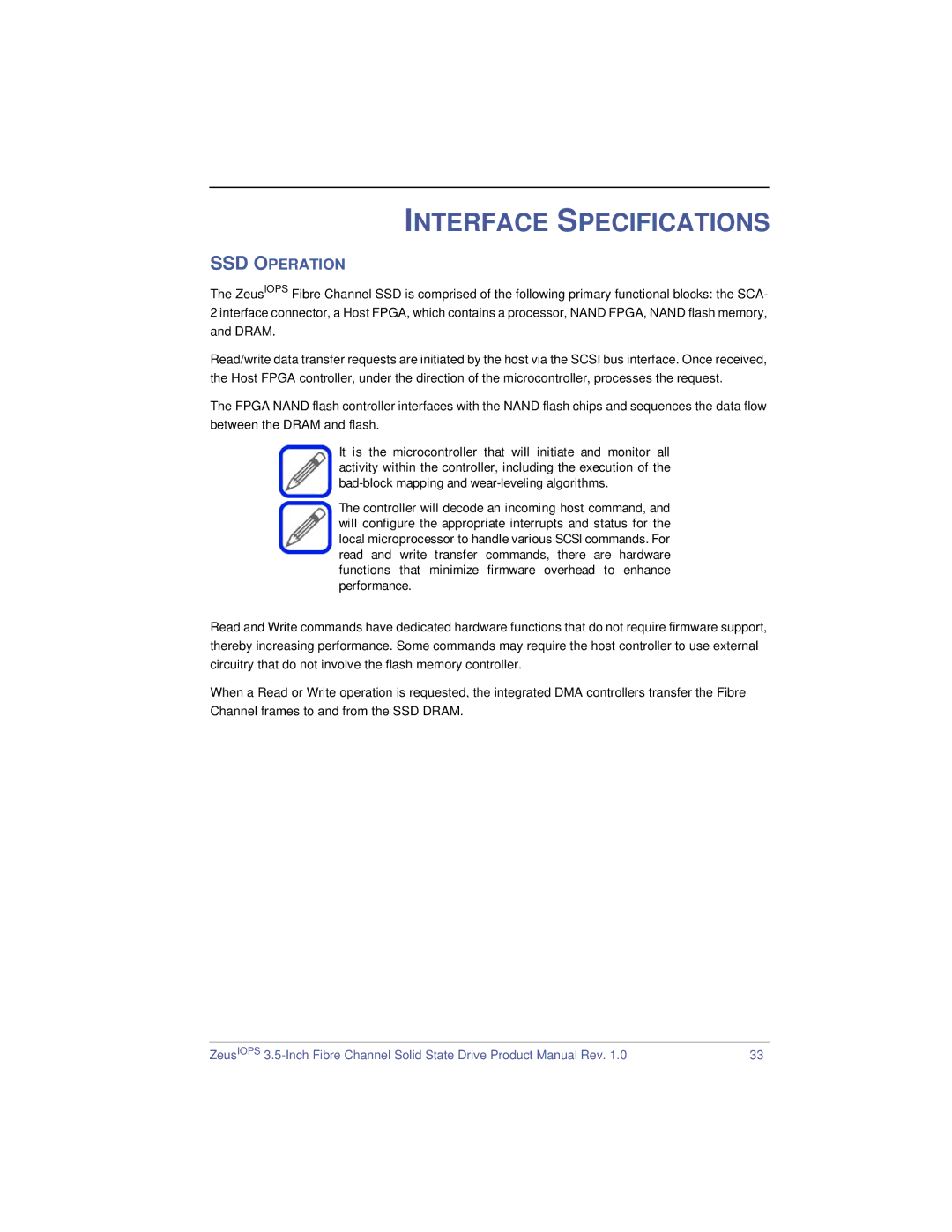 SimpleTech ZeusIOPS manual Interface Specifications, SSD Operation 