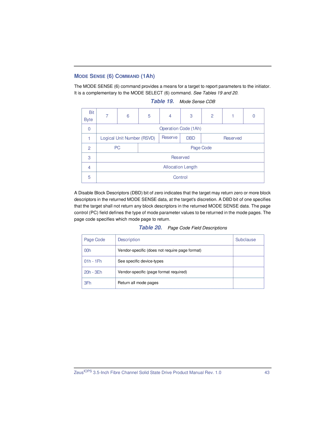 SimpleTech ZeusIOPS manual Mode Sense CDB, Code Field Descriptions, Reserved Code Allocation Length Control 