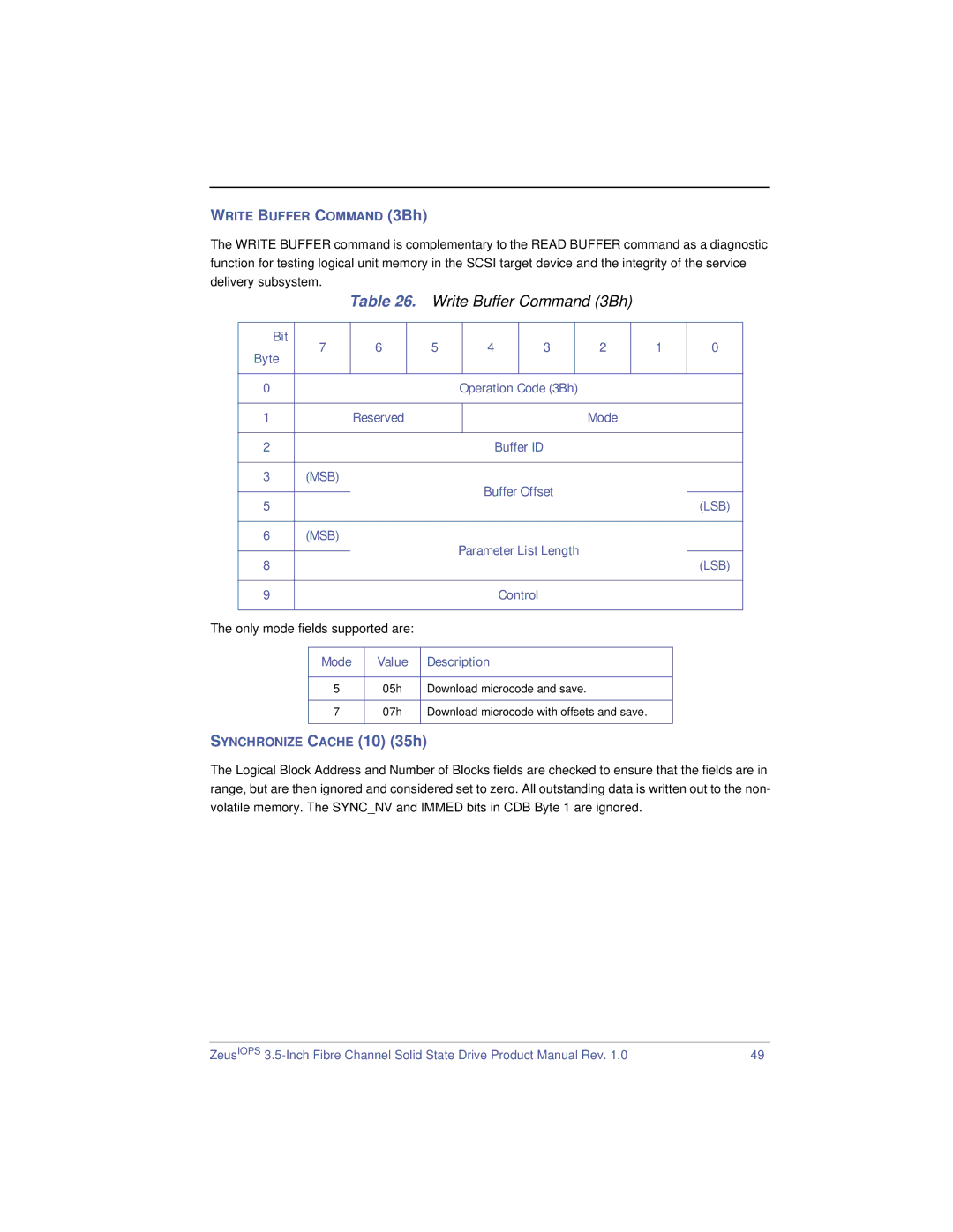 SimpleTech ZeusIOPS manual Write Buffer Command 3Bh, Bit Byte Operation Code 3Bh Reserved Mode Buffer ID, Buffer Offset 