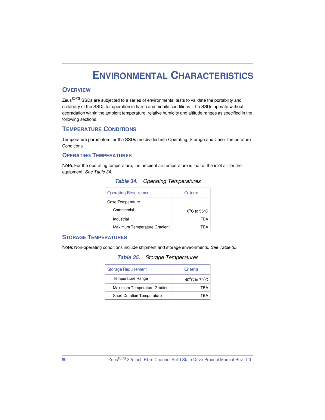 SimpleTech ZeusIOPS manual Environmental Characteristics, Overview, Temperature Conditions, Operating Temperatures 