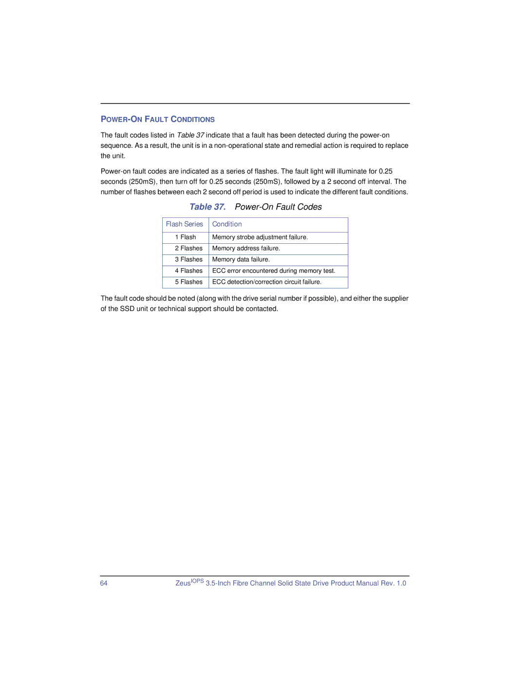 SimpleTech ZeusIOPS manual Power-On Fault Codes, Flash Series Condition 