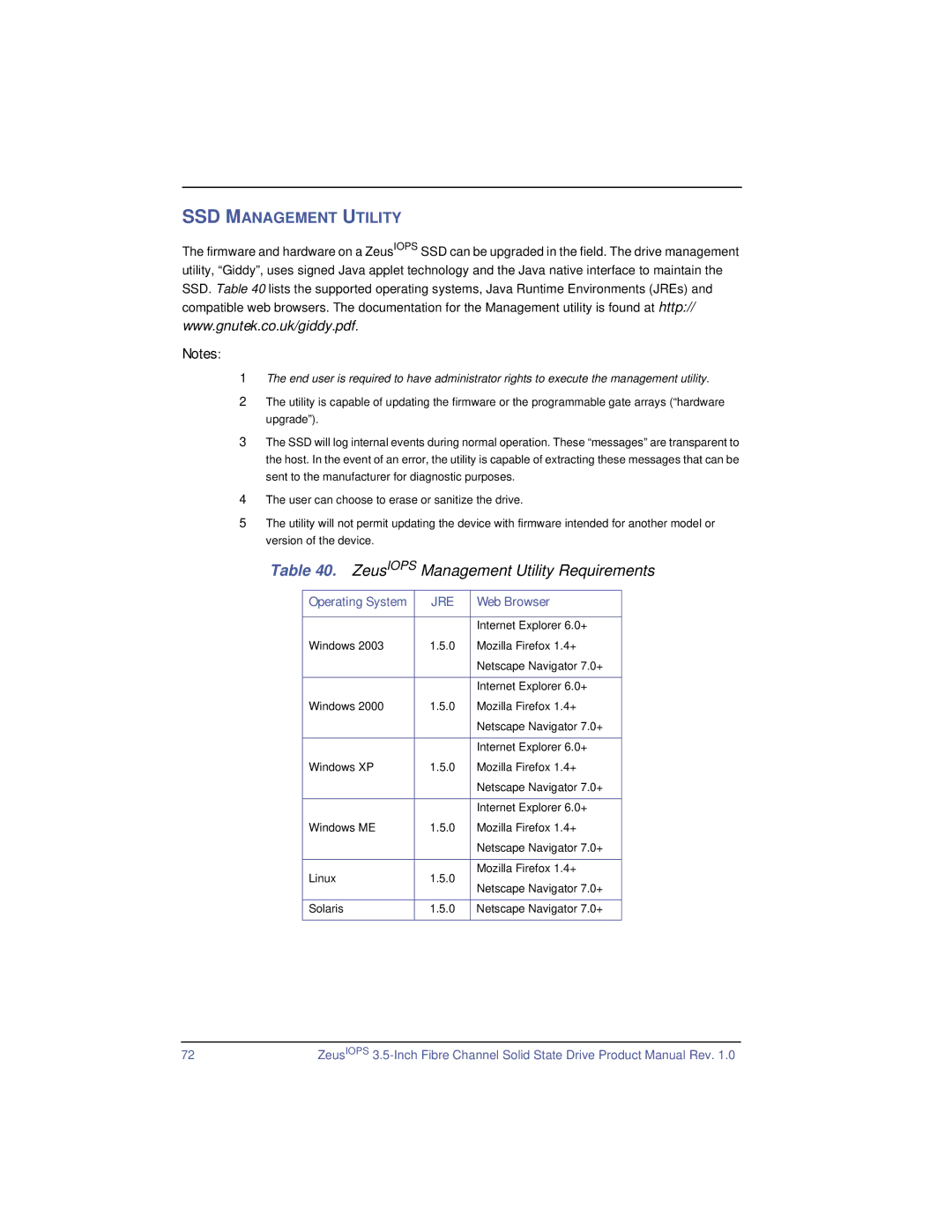 SimpleTech manual SSD Management Utility, ZeusIOPS Management Utility Requirements, Operating System, Web Browser 