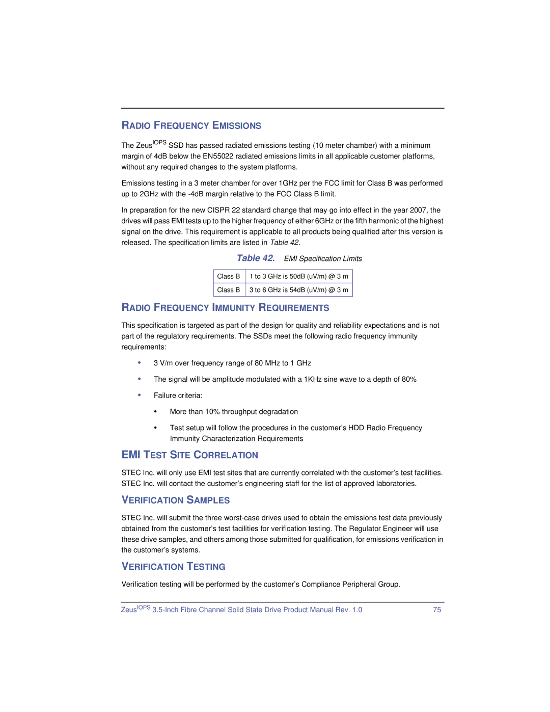 SimpleTech ZeusIOPS manual Radio Frequency Emissions, Radio Frequency Immunity Requirements, EMI Test Site Correlation 