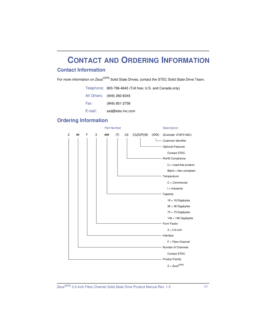 SimpleTech ZeusIOPS manual Contact and Ordering Information, Contact Information 