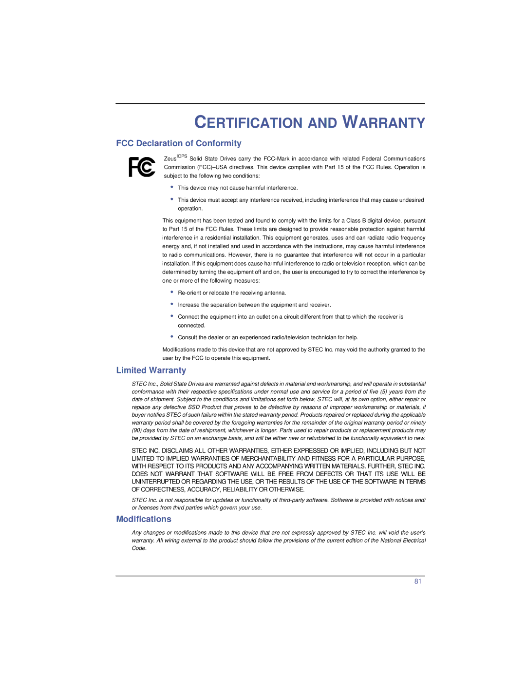 SimpleTech ZeusIOPS manual Certification and Warranty, FCC Declaration of Conformity, Limited Warranty, Modifications 