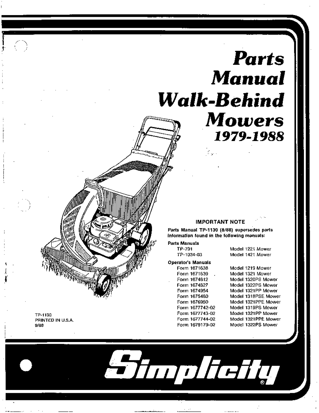 Simplicity 1321 Mower, 1421 Mower, 1291 Mower, 1318PSE Mower, 1321PP Mower, 1321PPE Mower, 1319PS Mower, 1322PS Mower manual 