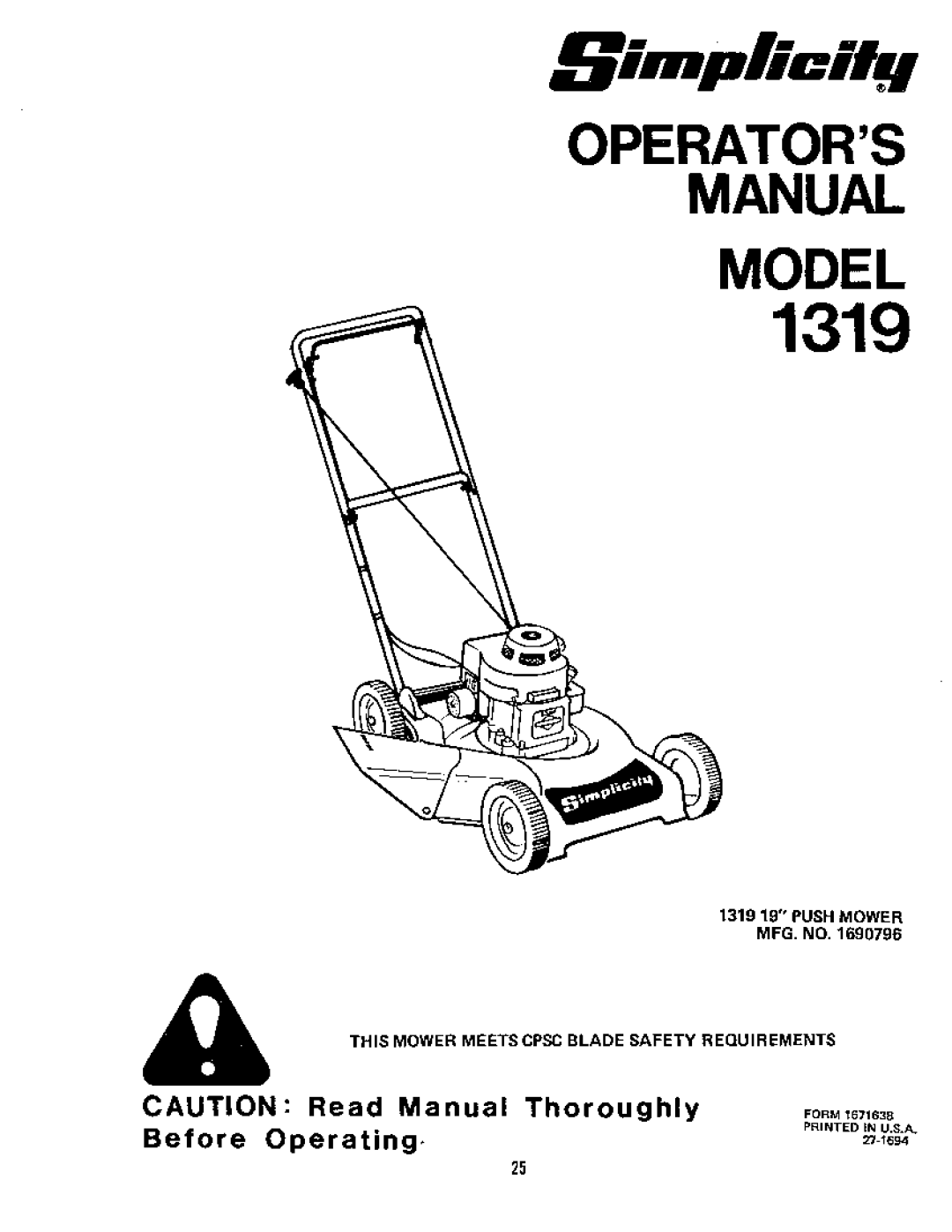 Simplicity 1322PS Mower, 1421 Mower, 1321 Mower, 1291 Mower, 1318PSE Mower, 1321PP Mower, 1321PPE Mower, 1319PS Mower, 1221 Mower 