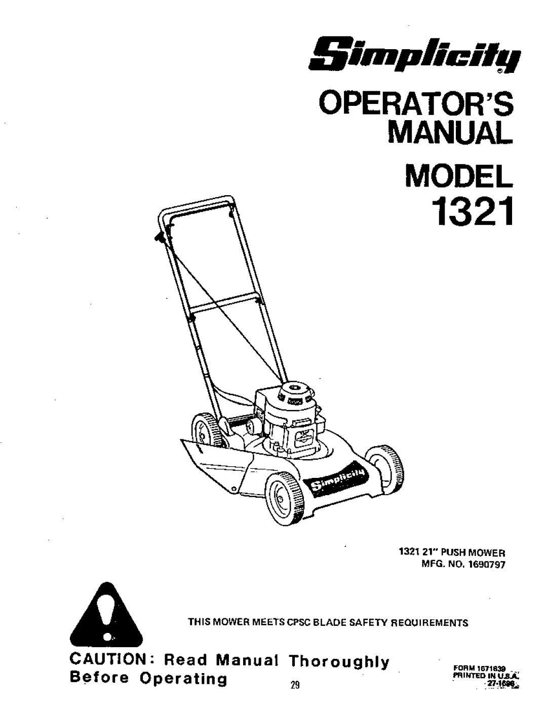 Simplicity 1321 Mower, 1421 Mower, 1291 Mower, 1318PSE Mower, 1321PP Mower, 1321PPE Mower, 1319PS Mower, 1322PS Mower, 1221 Mower 