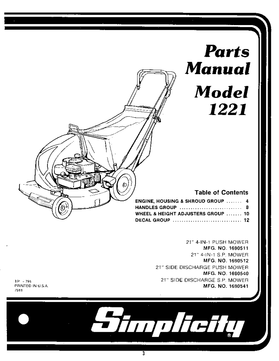 Simplicity 1321PPE Mower, 1421 Mower, 1321 Mower, 1291 Mower, 1318PSE Mower, 1321PP Mower, 1319PS Mower, 1322PS Mower, 1221 Mower 