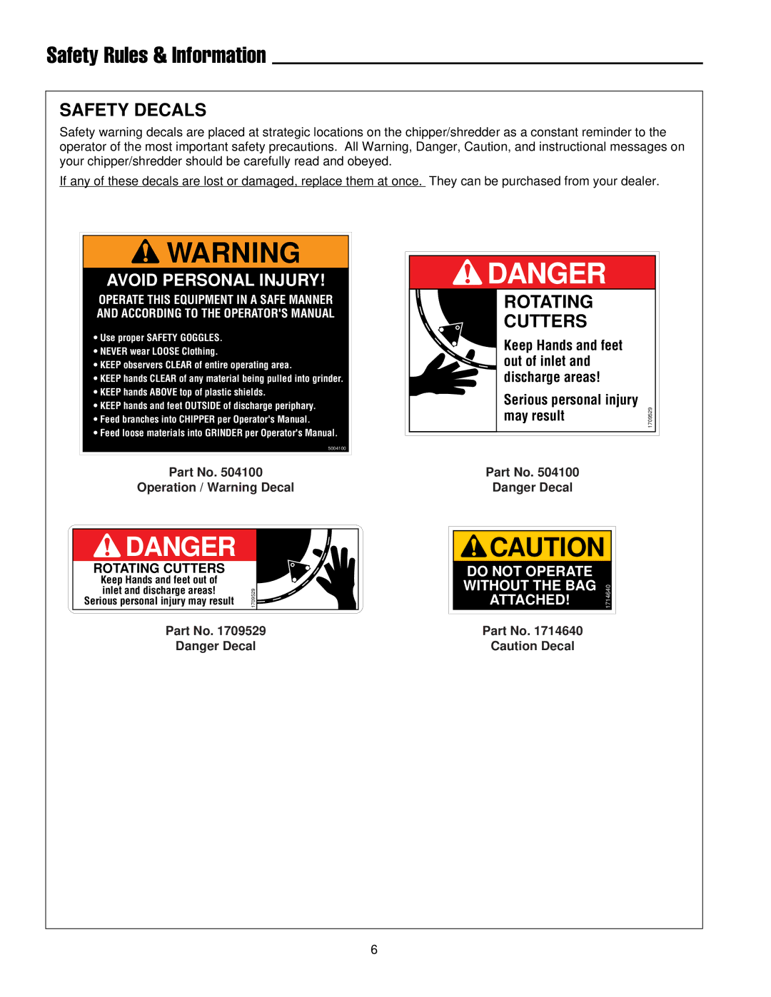 Simplicity 14E manual Safety Decals, Rotating Cutters 