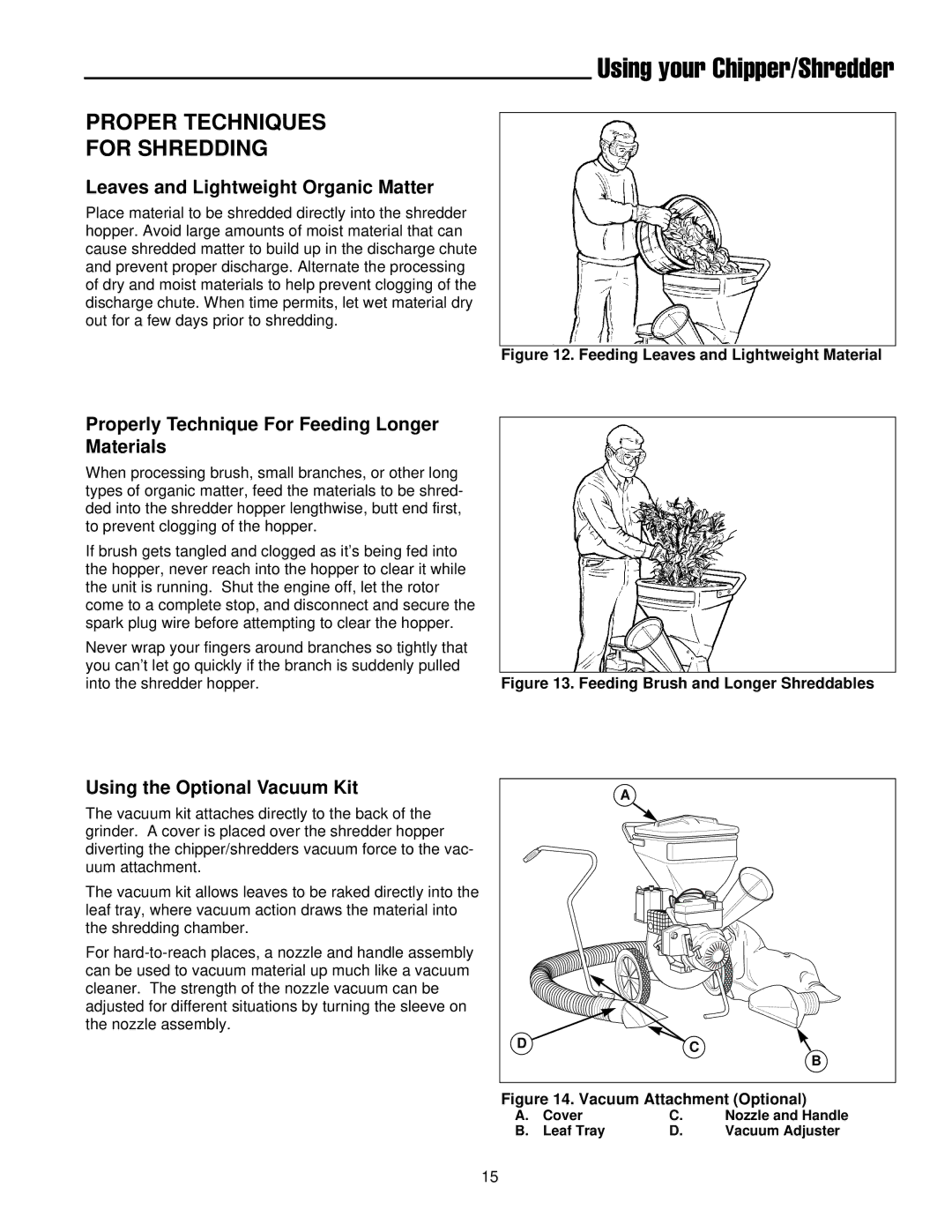 Simplicity 14E manual Proper Techniques For Shredding, Leaves and Lightweight Organic Matter, Using the Optional Vacuum Kit 