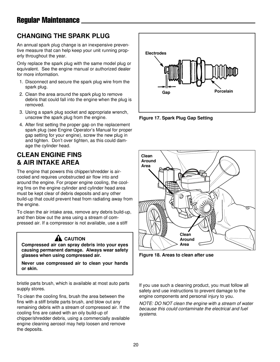 Simplicity 14E manual Changing the Spark Plug, Clean Engine Fins & AIR Intake Area 