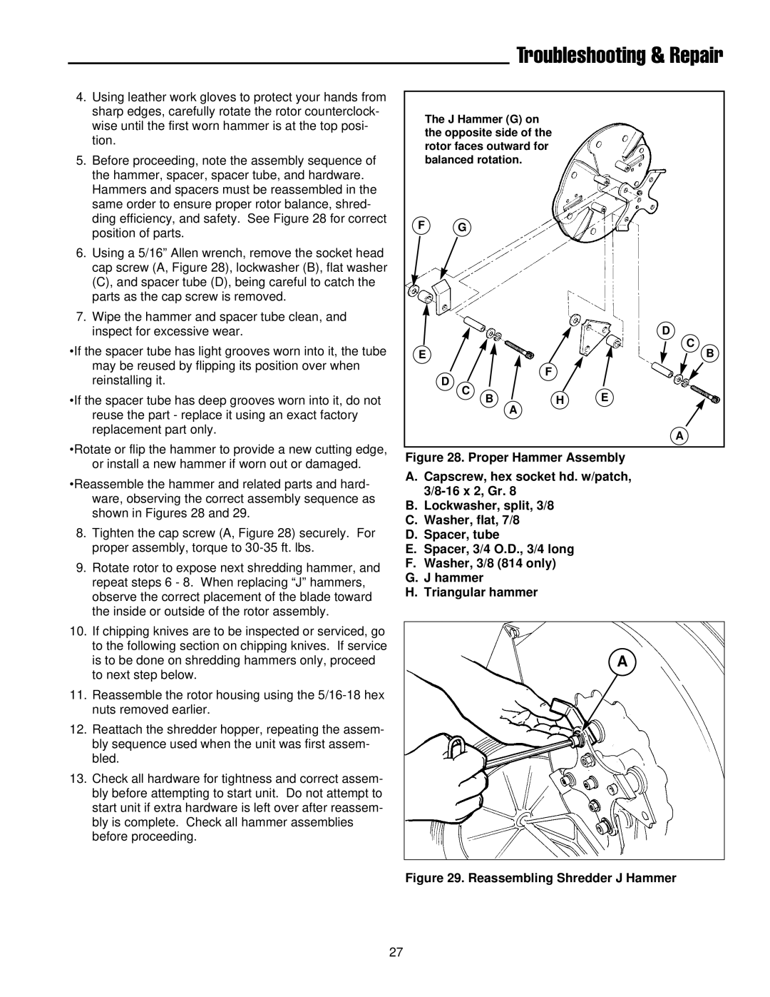 Simplicity 14E manual Reassembling Shredder J Hammer 