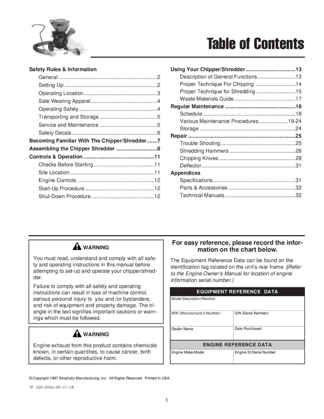 Simplicity 14E manual Table of Contents 