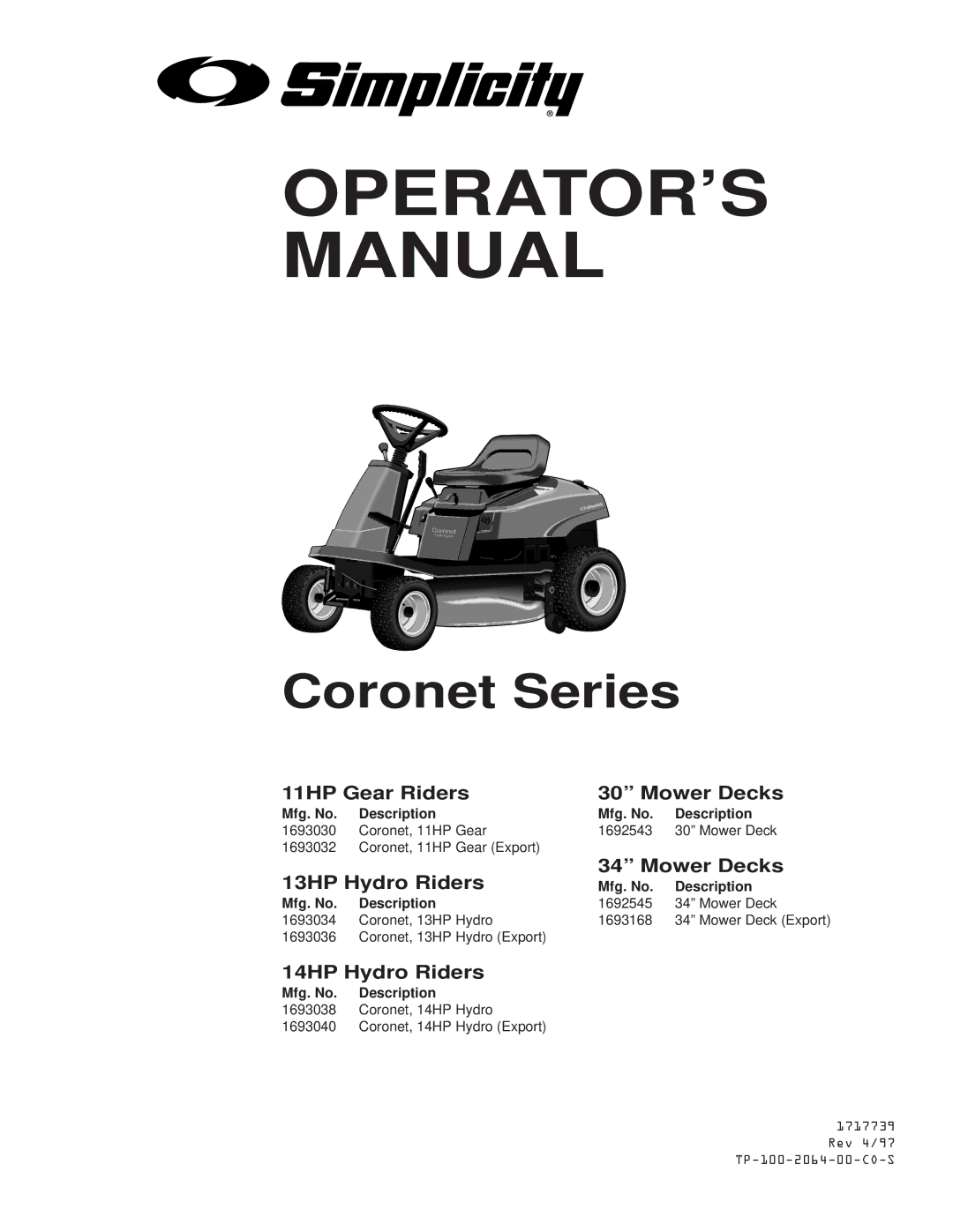 Simplicity manual 11HP Gear Riders Mower Decks, 13HP Hydro Riders, 14HP Hydro Riders 