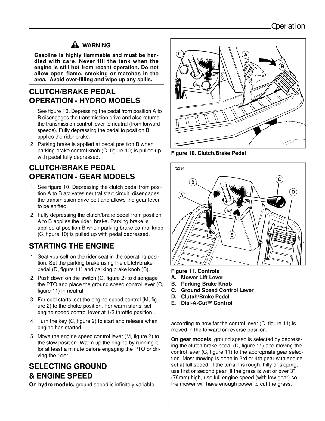 Simplicity 11HP, 14HP manual Starting the Engine, Selecting Ground & Engine Speed 