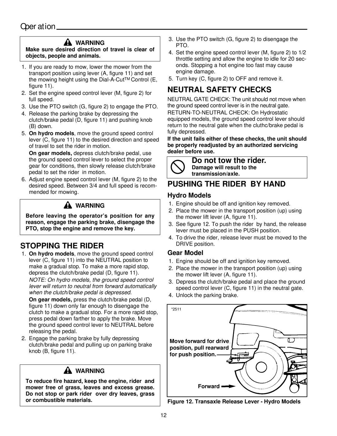 Simplicity 14HP, 11HP manual Stopping the Rider, Neutral Safety Checks, Pushing the Rider by Hand, Hydro Models, Gear Model 