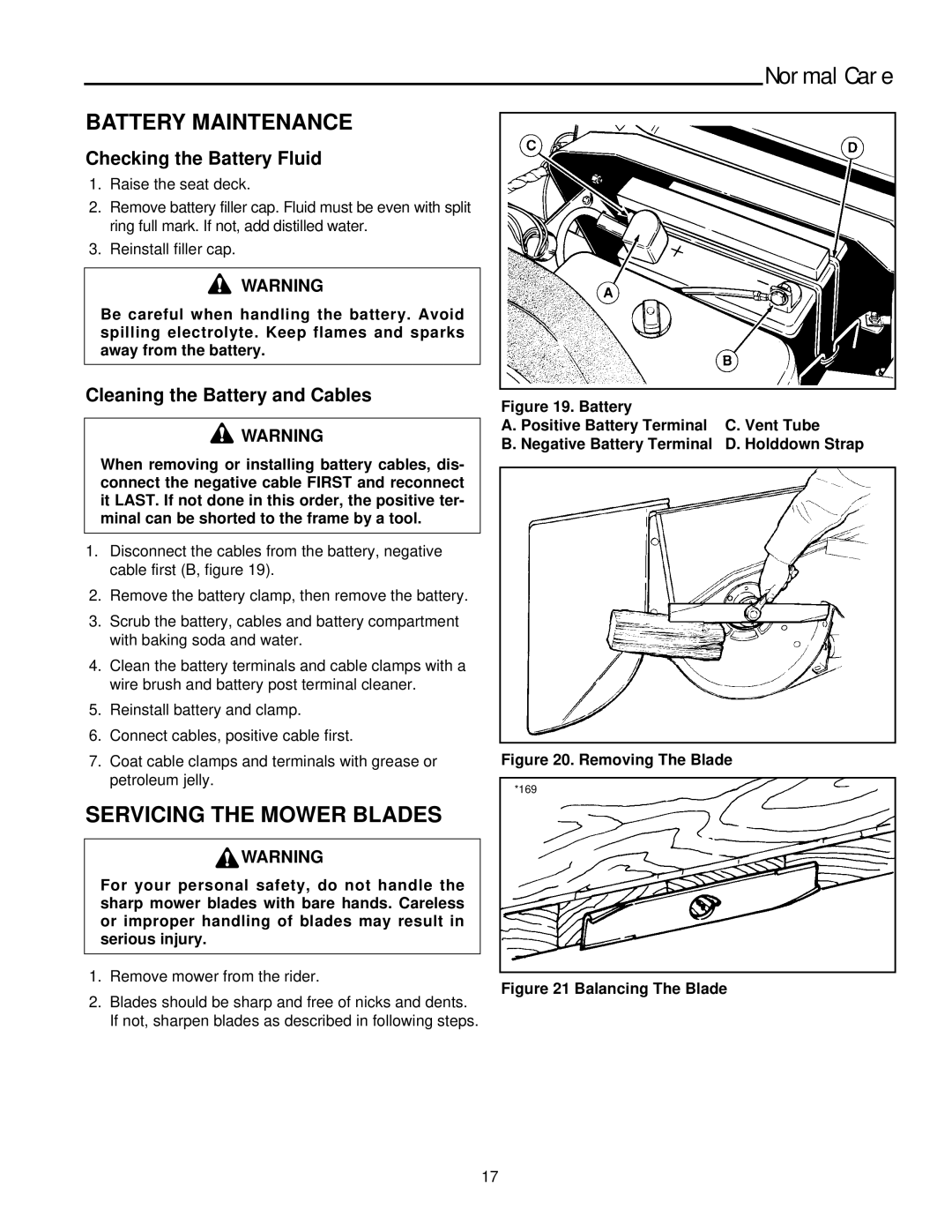 Simplicity 11HP, 14HP manual Battery Maintenance, Servicing the Mower Blades, Checking the Battery Fluid 