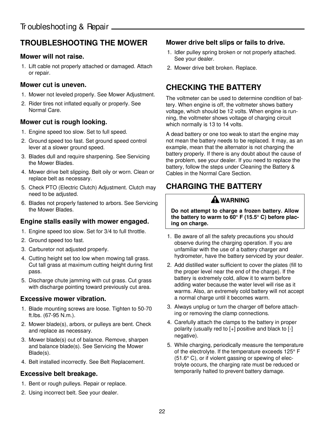 Simplicity 14HP, 11HP manual Troubleshooting & Repair, Troubleshooting the Mower, Checking the Battery, Charging the Battery 