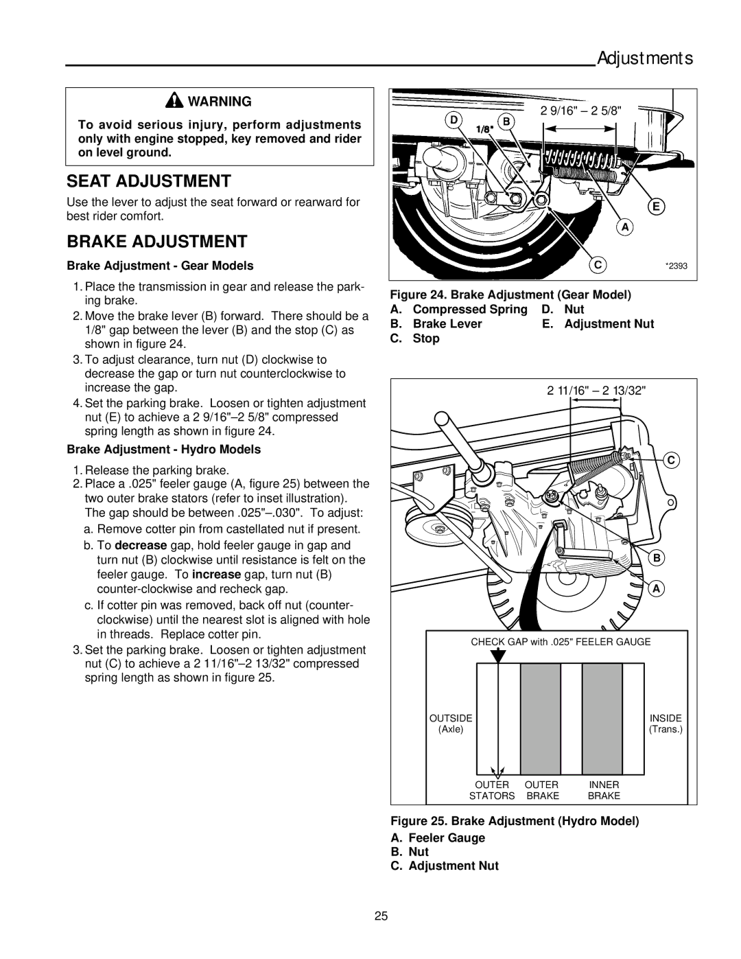 Simplicity 11HP, 14HP manual Adjustments, Seat Adjustment, Brake Adjustment 