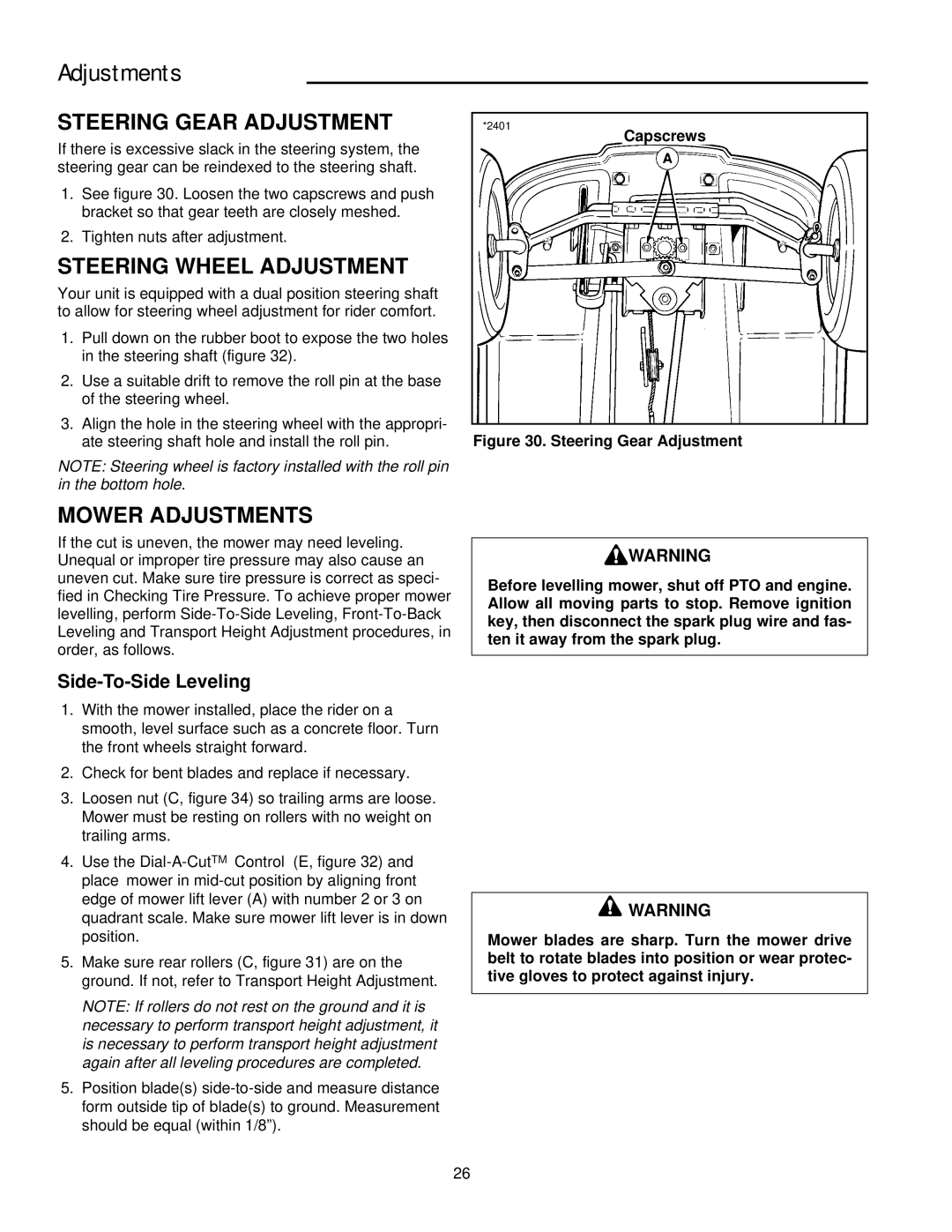 Simplicity 14HP, 11HP manual Steering Gear Adjustment, Steering Wheel Adjustment, Mower Adjustments, Side-To-Side Leveling 