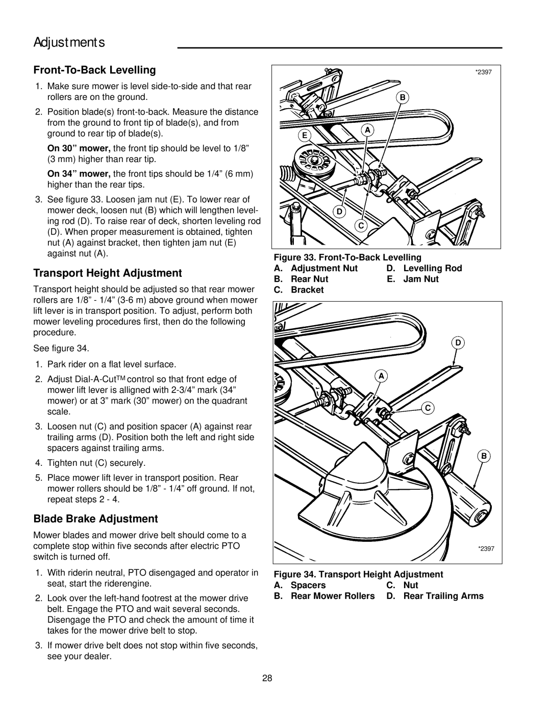 Simplicity 14HP, 11HP manual Front-To-Back Levelling, Transport Height Adjustment, Blade Brake Adjustment 