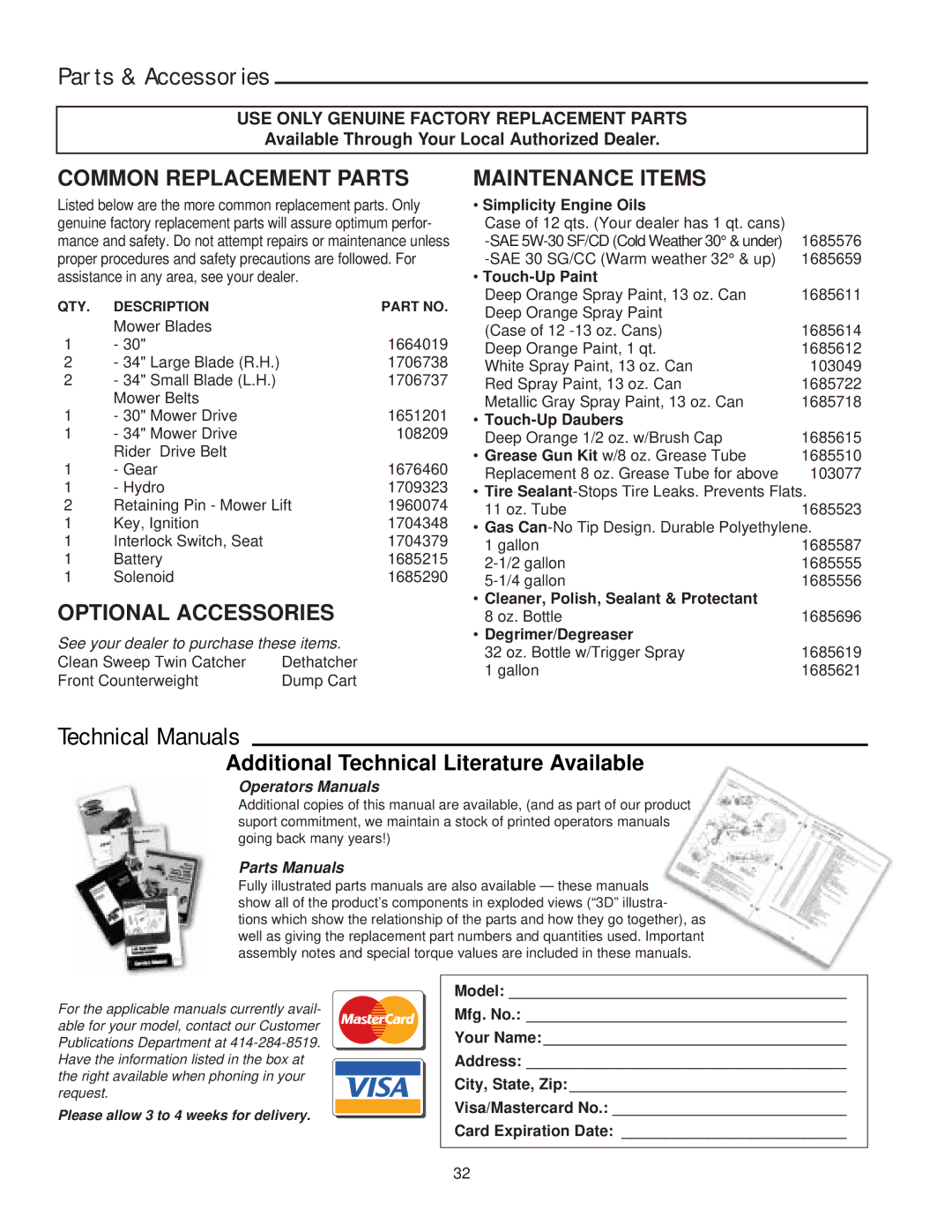 Simplicity 14HP Parts & Accessories, Technical Manuals, Common Replacement Parts, Optional Accessories, Maintenance Items 