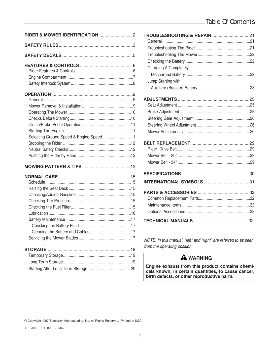 Simplicity 11HP, 14HP manual Table Of Contents 