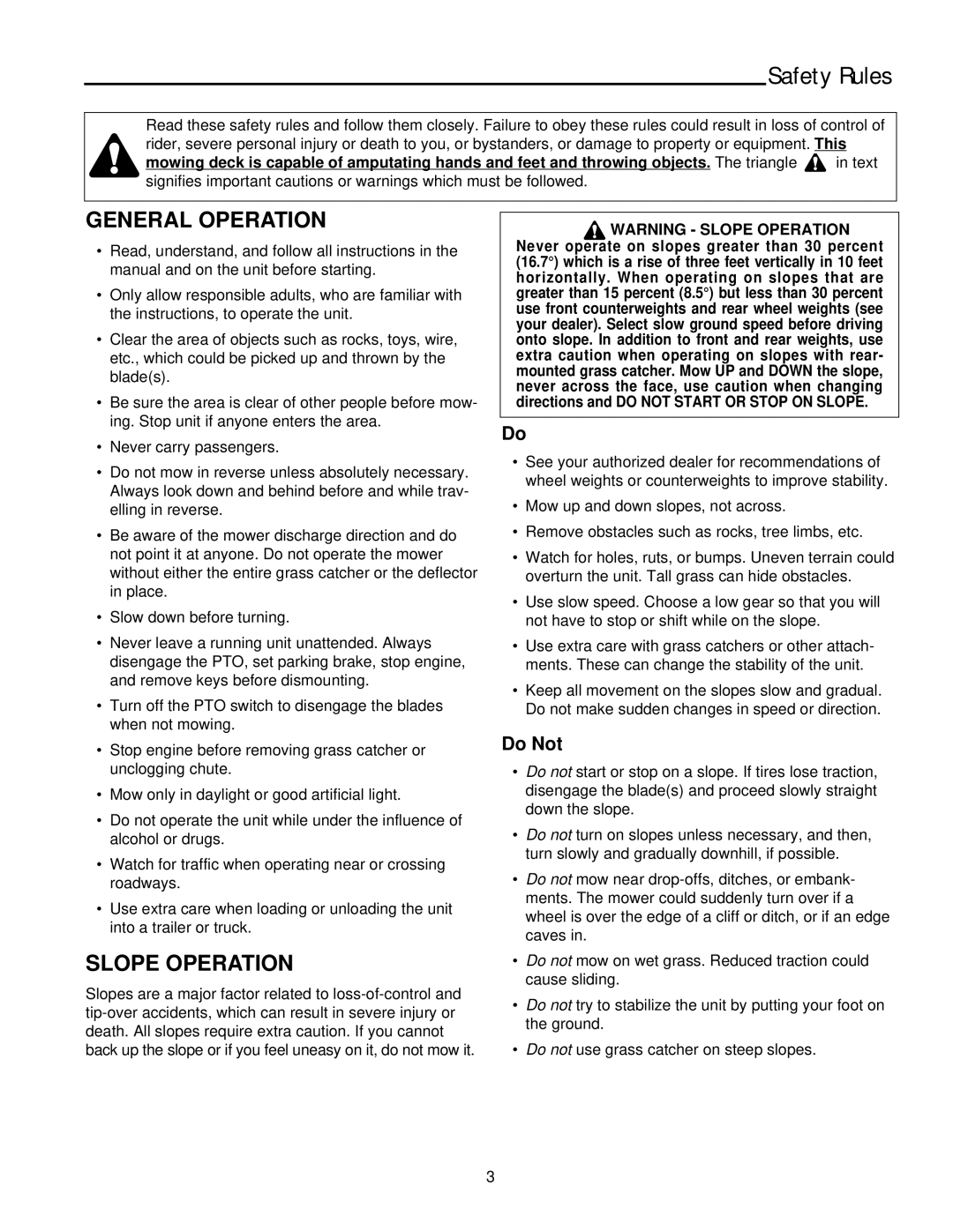 Simplicity 11HP, 14HP manual Safety Rules, General Operation, Slope Operation, Do Not 