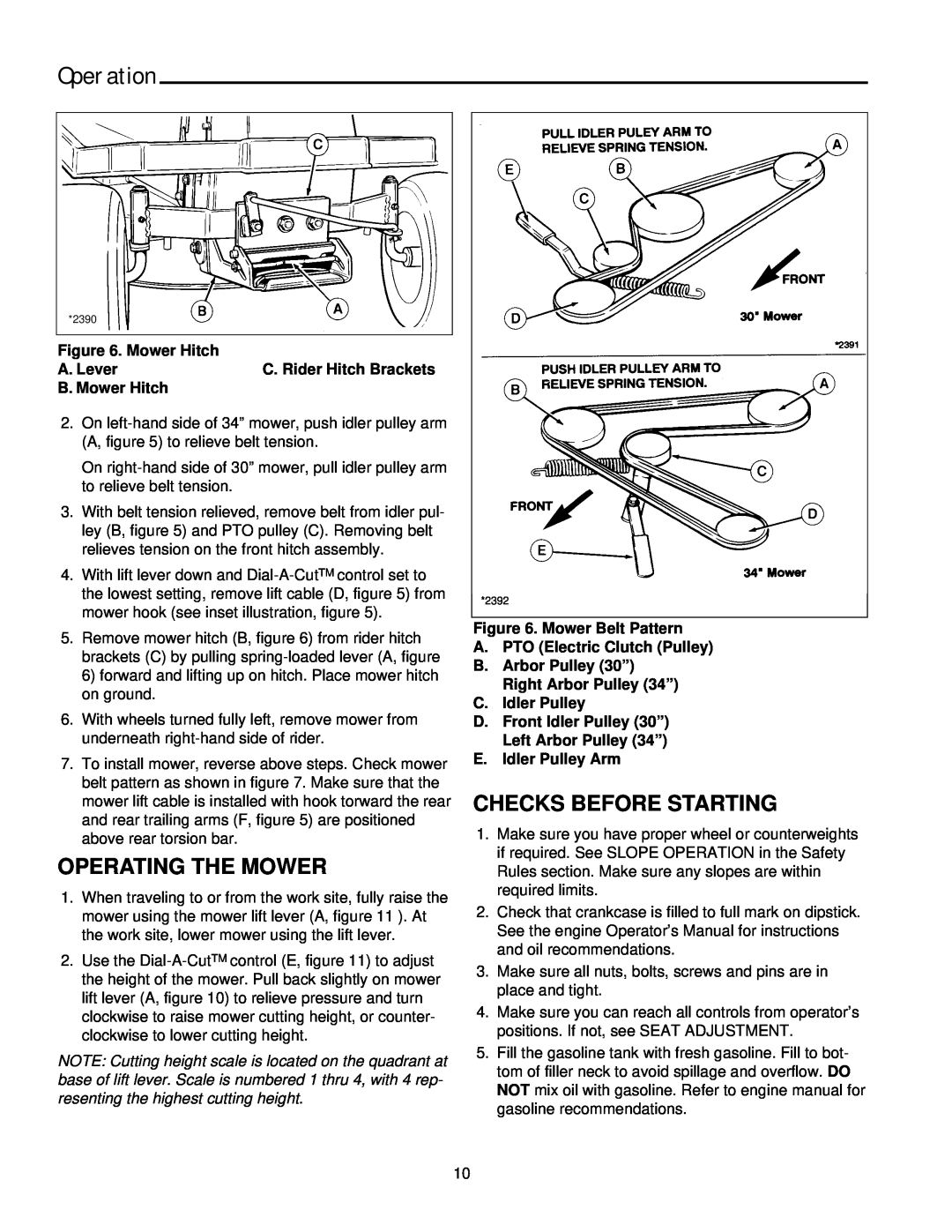 Simplicity 14HP Operating The Mower, Checks Before Starting, Operation, Mower Belt Pattern A. PTO Electric Clutch Pulley 
